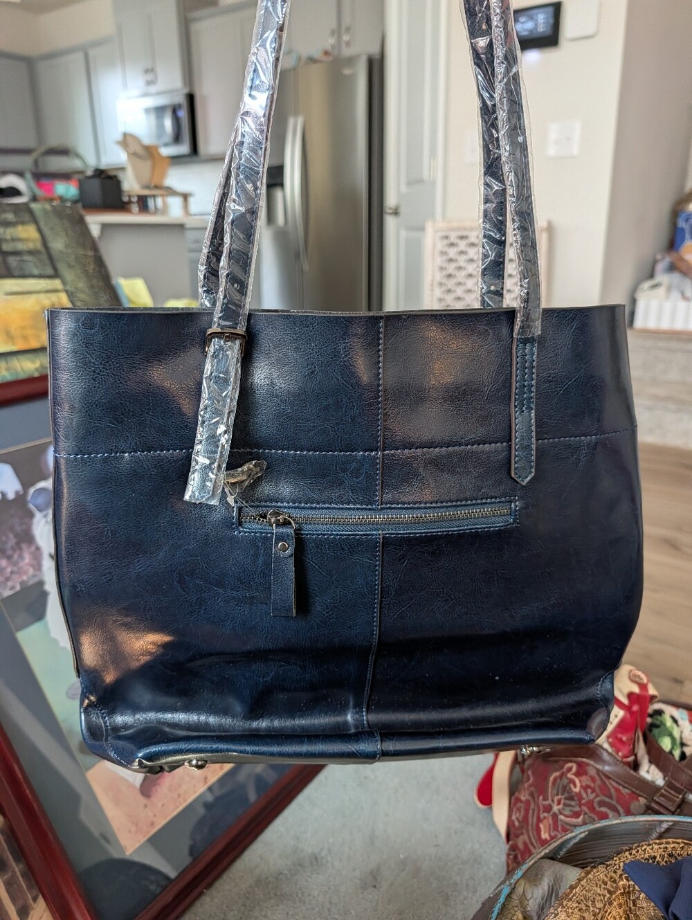 Kattee Leather Classic Navy Tote Bag with Front Zip Pocket